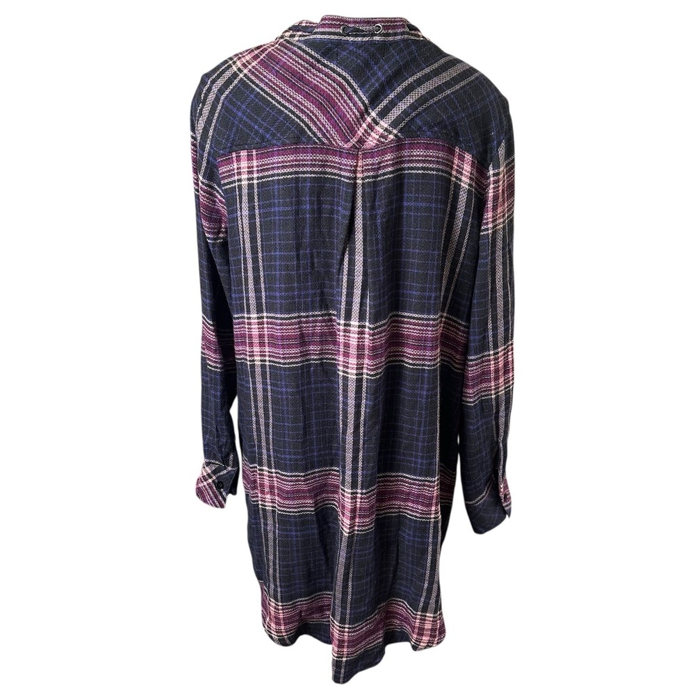 Cloth & Stone Plaid Tunic Dress Women Large Navy Blue Purple V-Neck Tie - Picture 3 of 8